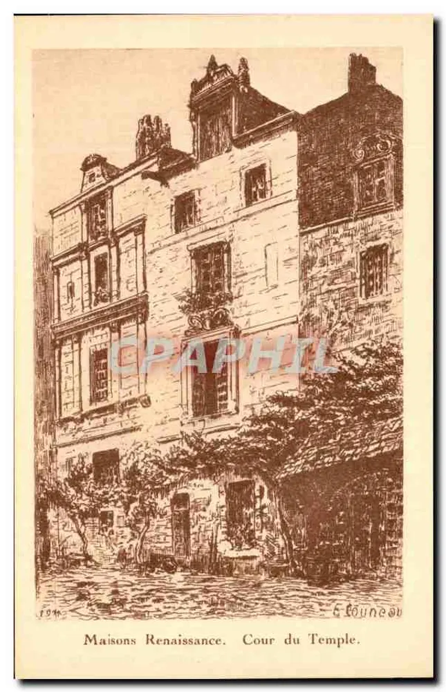 Casas Renascentistas. Cour du Temple — gravura de É. Lounéau — editor F. Pijollet, La Rochelle - Frente