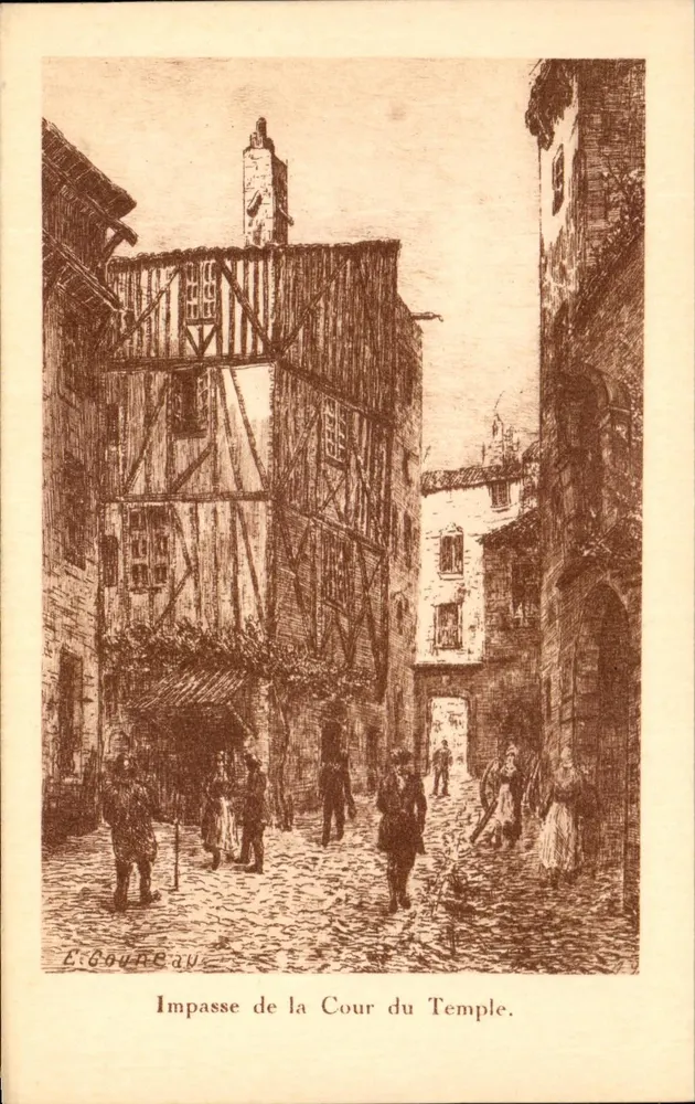 Impasse da Cour du Temple — vista de E. Gourreau — editor F. Pjoller, La Rochelle - Frente