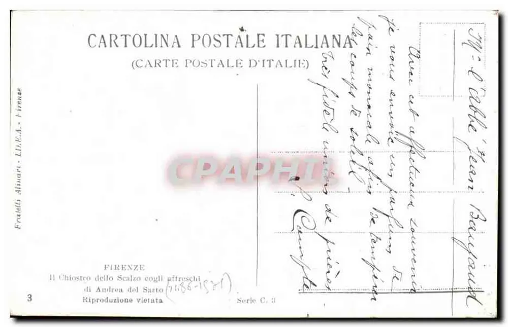 O Chiostro dello Scalzo em Florença — frescos de Andrea del Sarto — editor Fredelli Alinari, série C.3 - Verso