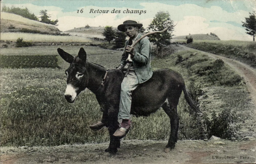 Retour des champs — paysage rural avec homme sur âne — L'Hironville - Paris - Frente