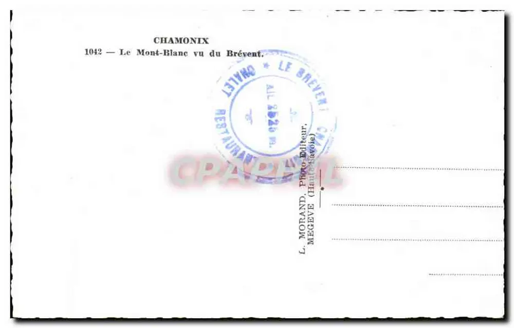 O Mont-Blanc visto do Brévent — Chamond, editor L. Morand, n° 1042 - Verso