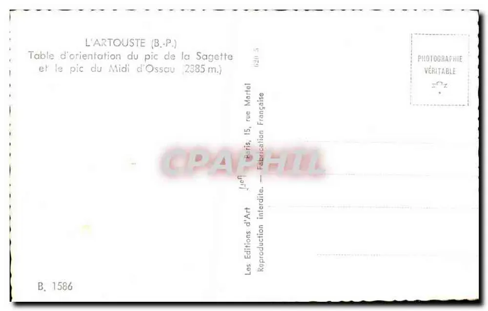 L'Artouste (B.P.) — Orientierungstafel des Gipfels der Sagette und des Gipfels des Midi d'Ossau (2385 m.) — Les Éditions d'Art, Paris - Rückseite