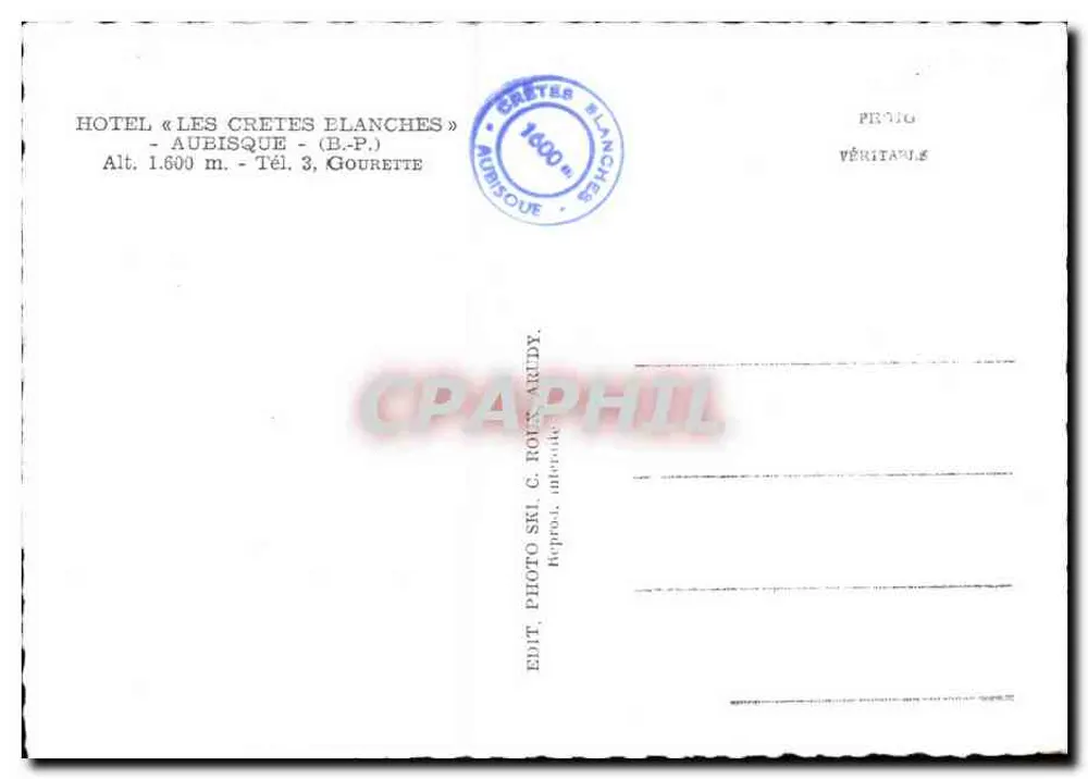 Hotel das Crêtes Blanches — Aubisque — editor G. Roux-Arudy - Verso