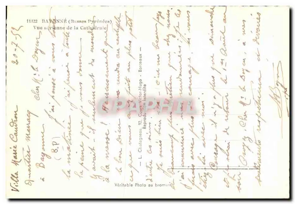 Bayonne (Basses-Pyrénées) — Luftbild der Kathedrale — Verlag Elcée - Rückseite