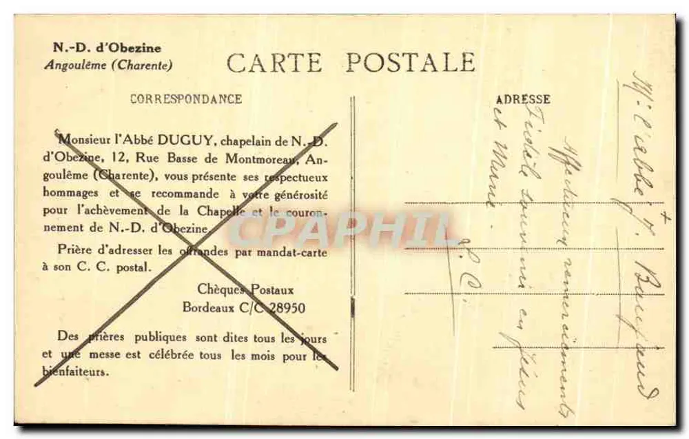 Angoulême — Capela de N.-S. d'Obezine — editor Rey - Verso