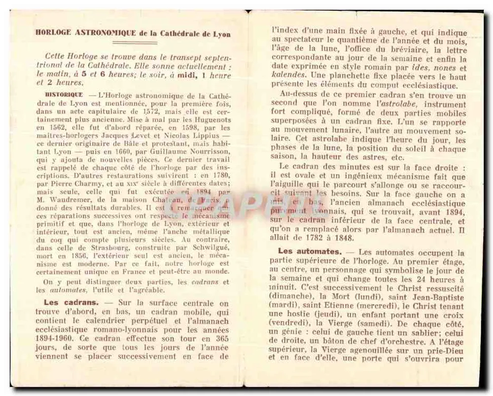 Relógio astronômico da catedral de Lyon — Guia ilustrado — MR. J.B. ROUNI, 3, quai St-Quai, Lyon - Verso