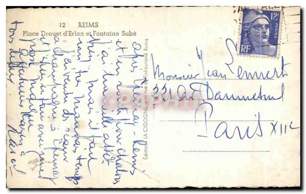 Platz Drouet d'Erlon und Fontaine Subé — Reims — Verlag LA CIGOGNE - Rückseite