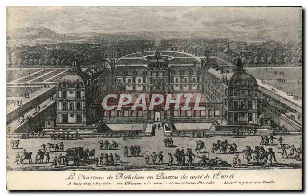 Das Schloss Richelieu am Rand der Eingangseite — gestochen von Pivelle — Verlag L'Inquique bei der Stadtverwaltung, mit Säulen der Hercedes - Vorderseite