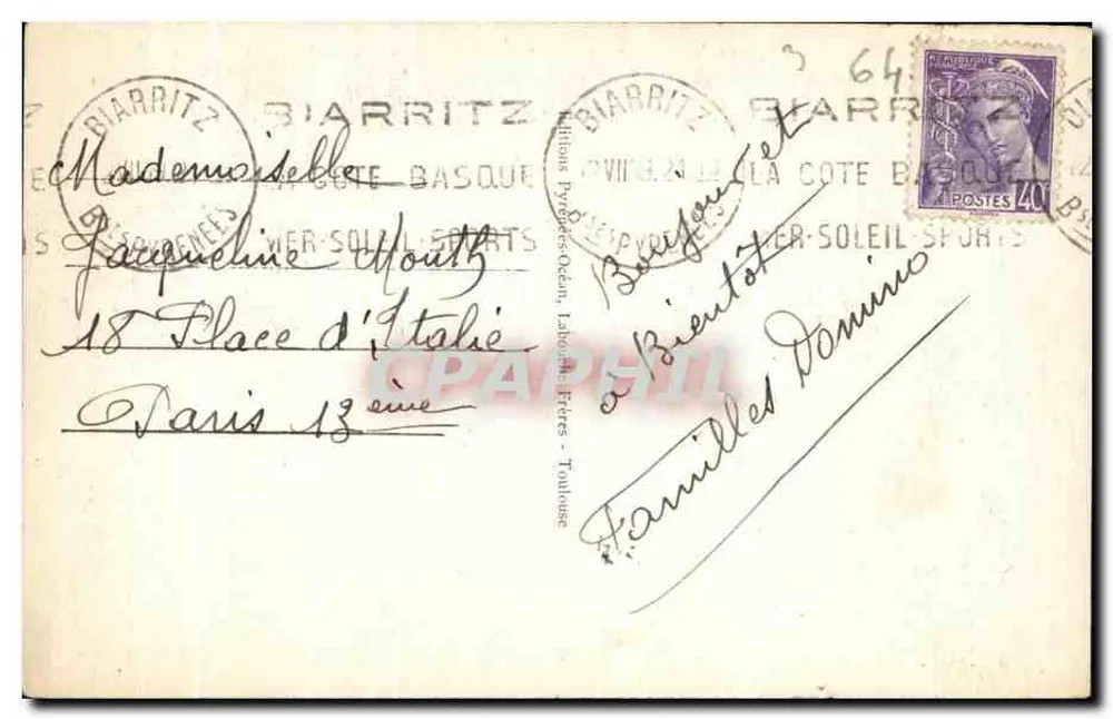 Biarritz — Welle am Felsen der Jungfrau — Éditions Toulouse, n° 1293 - Rückseite
