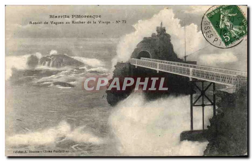 Biarritz Pittoresque — Angriff der Wellen am Rocher de la Vierge — Nr. 72 — Ausgabe A. Simons - Clichs Pardailhan - Vorderseite