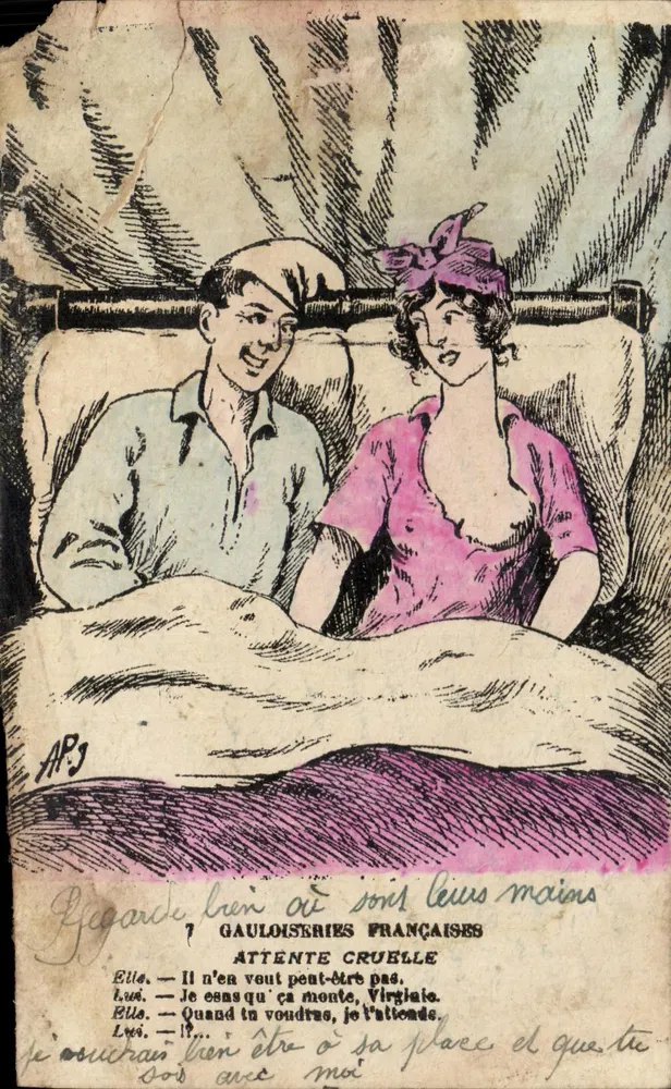 Couple dans un lit — scène de la carte postale 'Gauloiseries Françaises' — éditeur APJ - Recto
