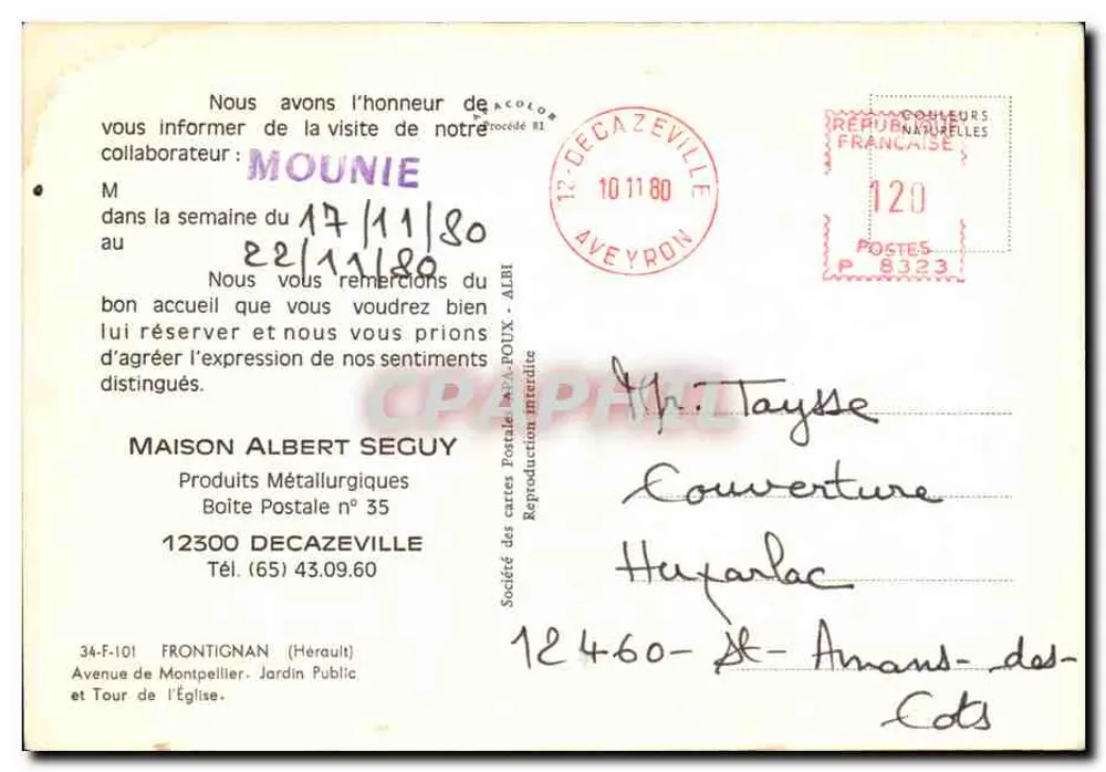 Tour de l'Horloge — Aveyron — éditeur Atolton 801 - Verso