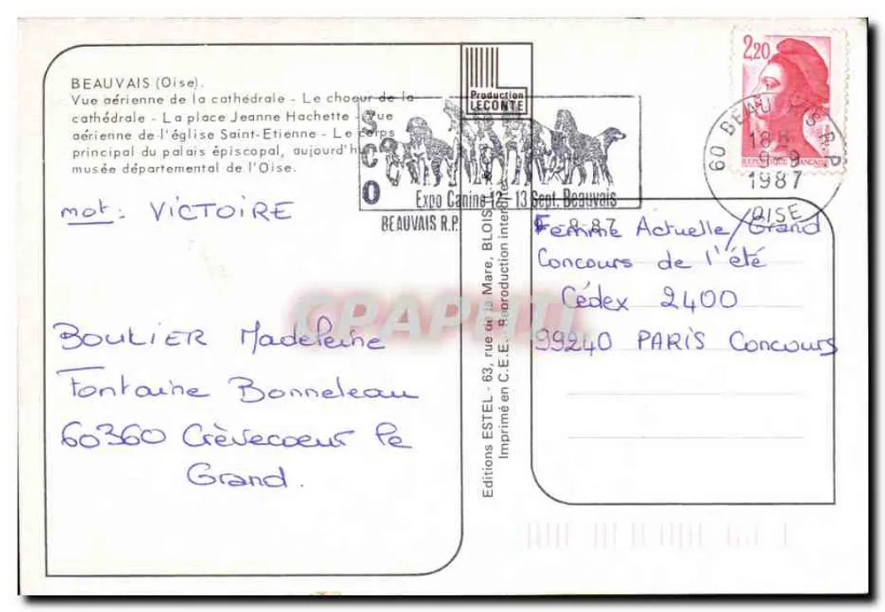 Beauvais — Kathedrale, Innenraum, Place Jeanne Hachette, Bischofspalast — ESTEL Editions, Nr. 887 - Rückseite