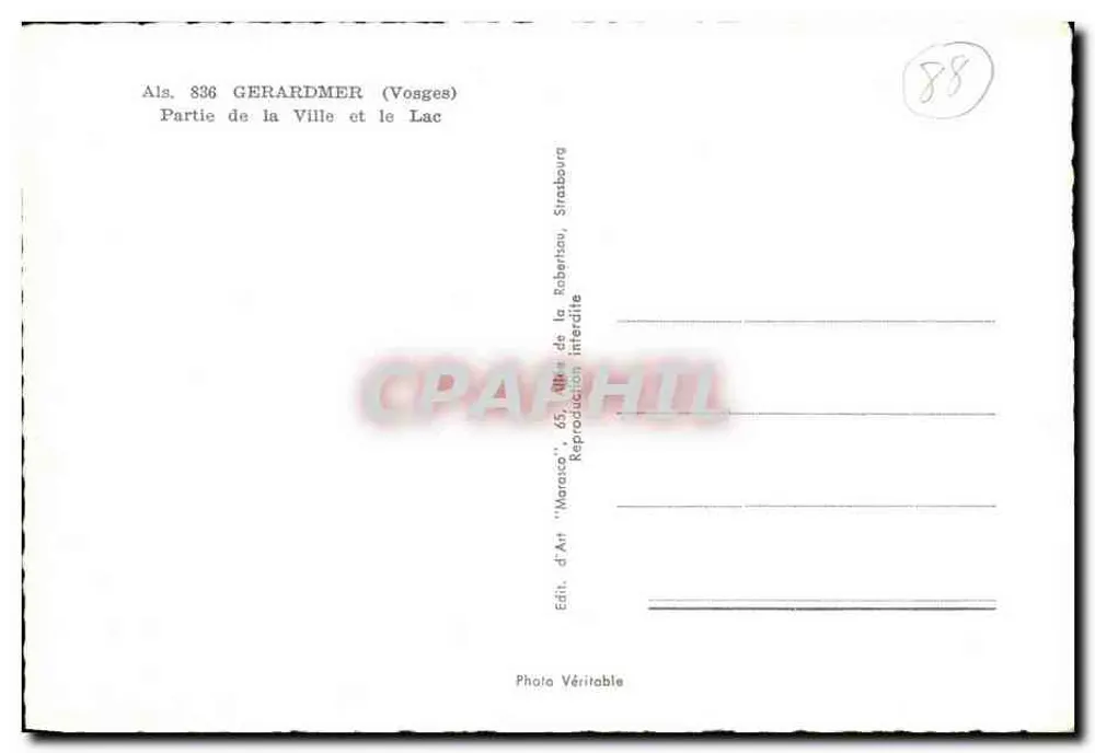 Gerardmer — Teil der Stadt und der See — Édit. d'Art 'Marasco', 65, Elsass - Rückseite
