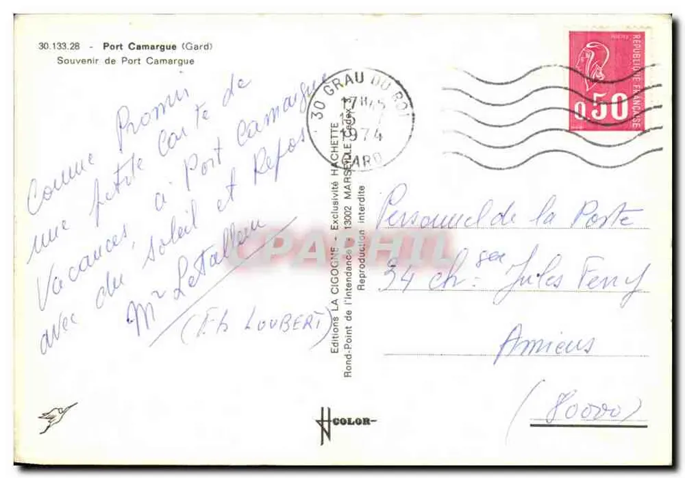 Port Camargue — Ansicht vom Hotel, Strand und Hafen — Verlag Die Storch - Rückseite
