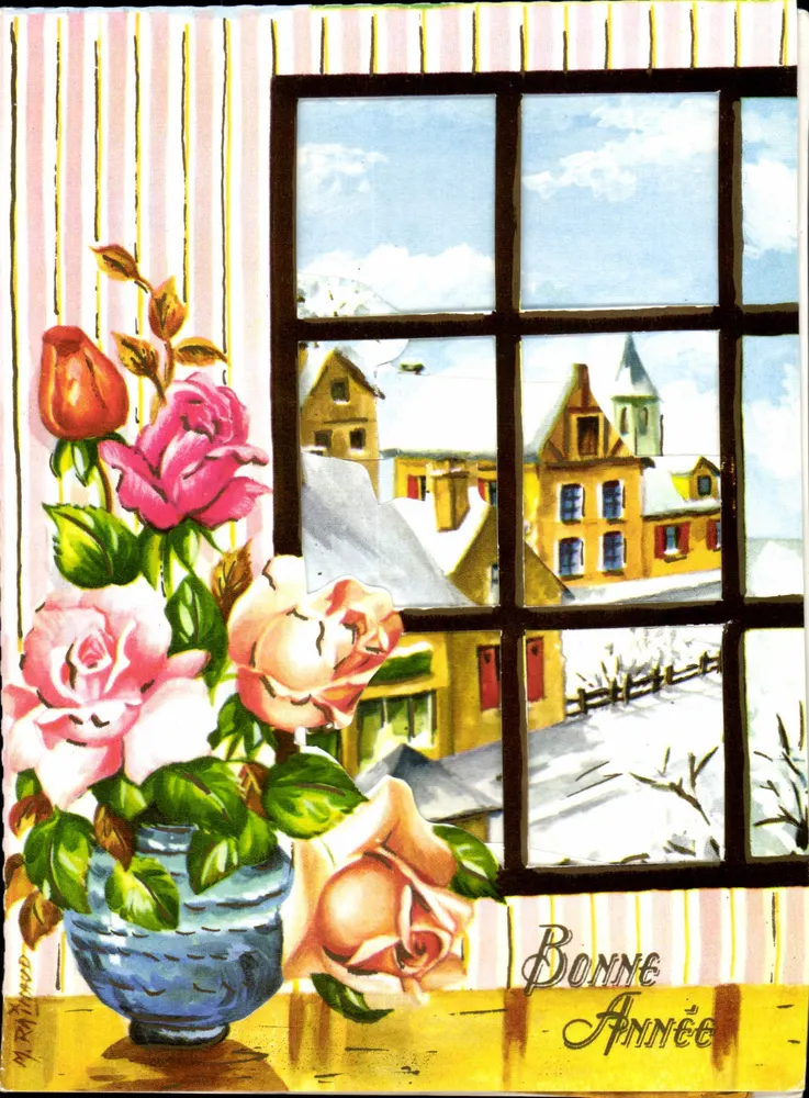 Fleurs roses devant une fenêtre — vue de village enneigé — 'Bonne Année' — imprimée en France - Frente
