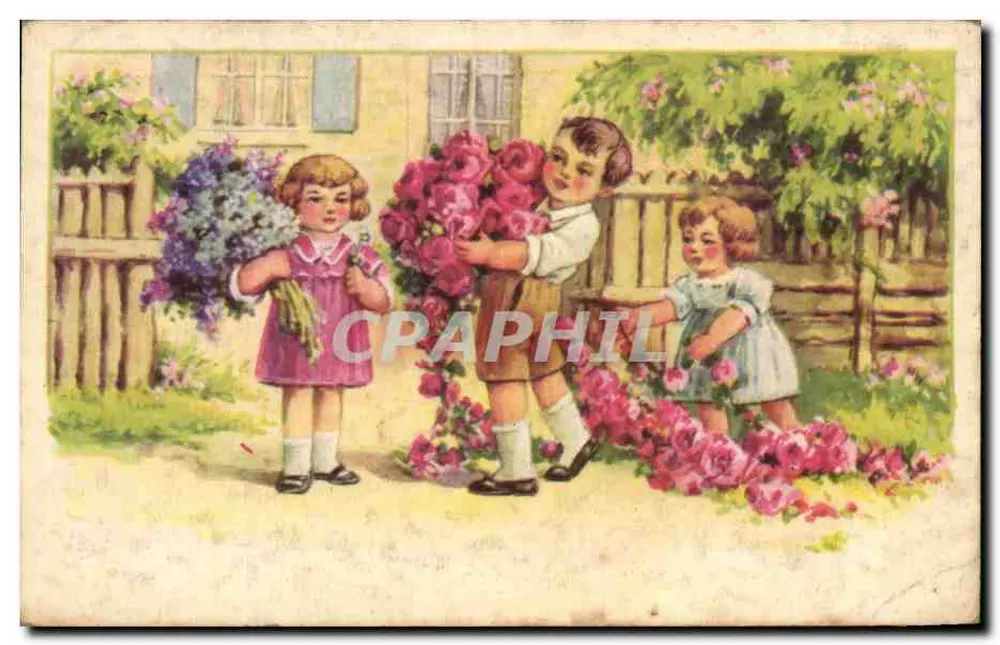Crianças com buquês de flores — ilustração colorida — S.E. Impressão na França - Frente