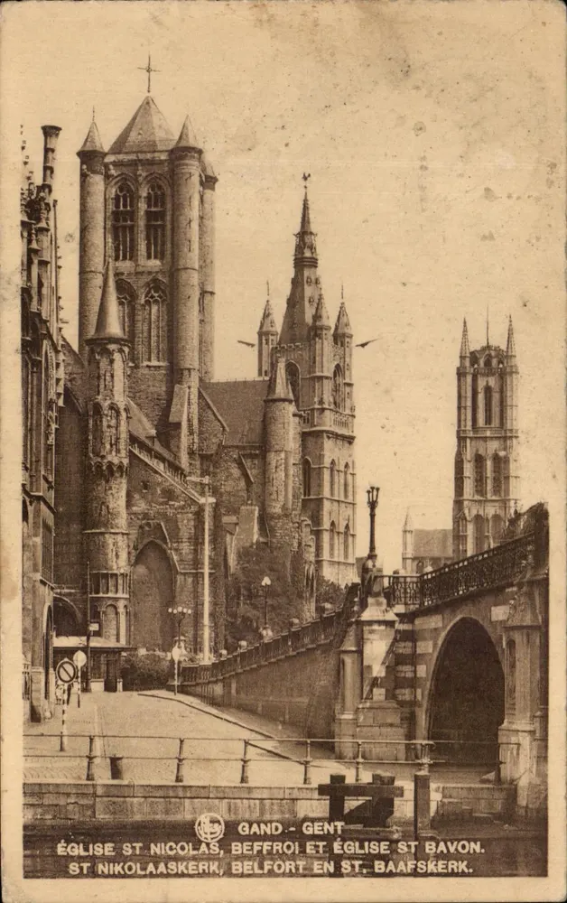 Gand - Gent - Kirche St. Nicolas, Glockenturm und Kirche St. Baafskerk - Vorderseite