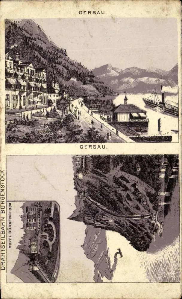 Gersau — vista del lago y del tren de cable — Hotel Bürgenstock, editor DRAHTSEILBAHN BÜRGENSTOCK - Anverso