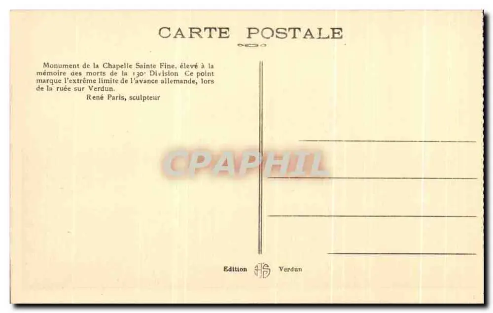 Monumento aos Mortos — Capela Santa-Fine — 130ª Divisão — Verdun - Verso