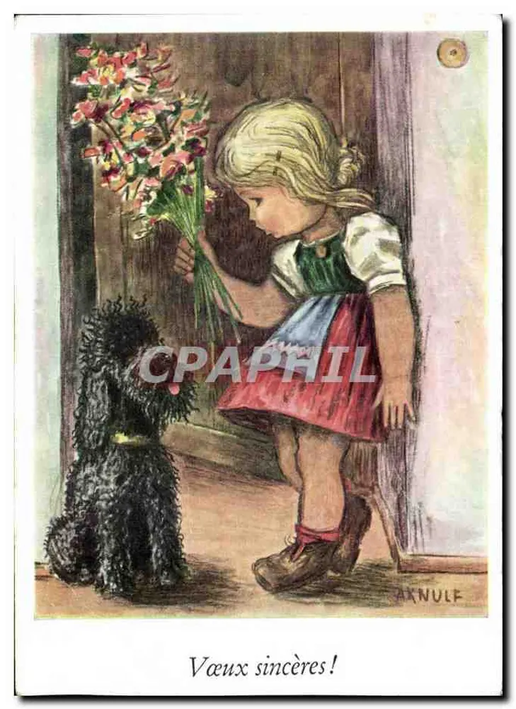 Fille blonde avec un bouquet — chien noir à côté — éditeur AKNULF - Frente