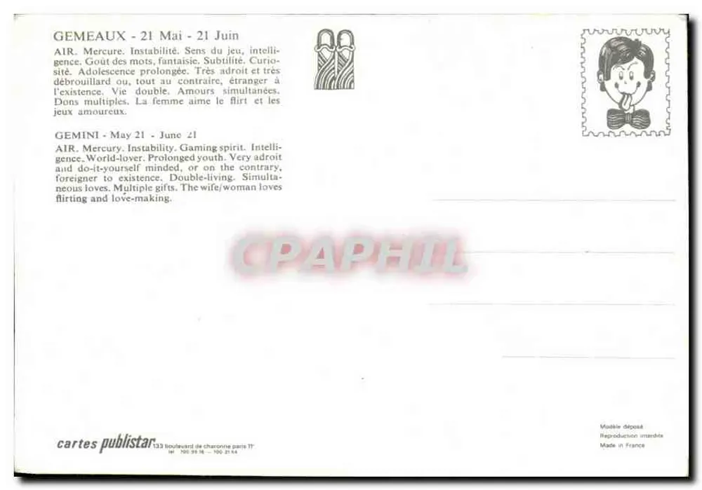 Zwillinge — astrologisches Zeichen — cartes publitar - Rückseite