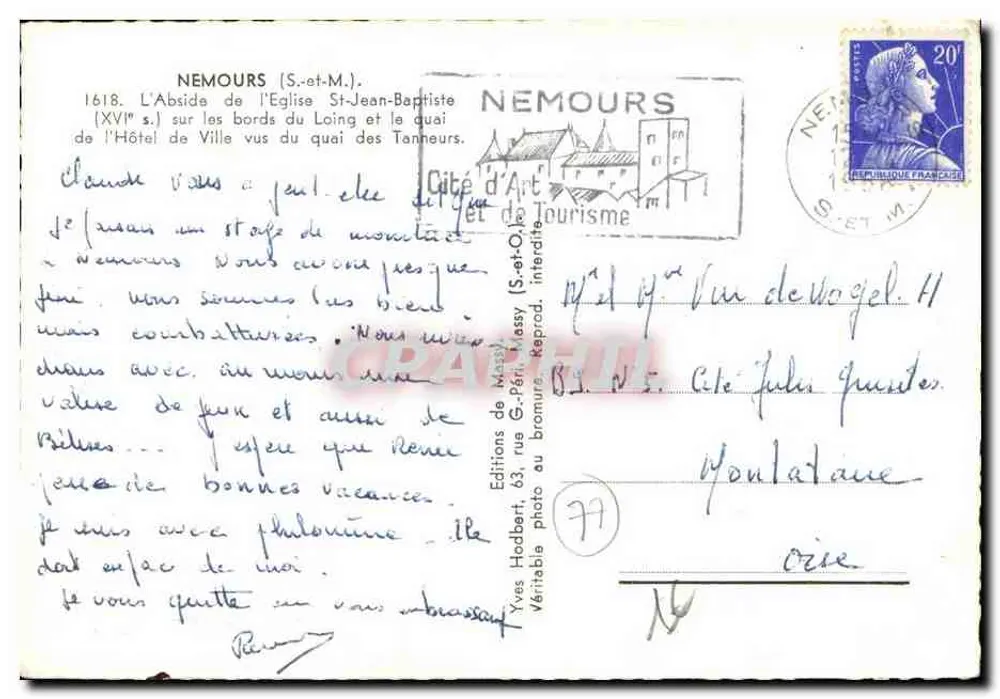 Nemours — A Abside da Igreja São João Batista (século XVI) às margens do Loing e o cais dos Taneiros — Yves Hodbert - Verso