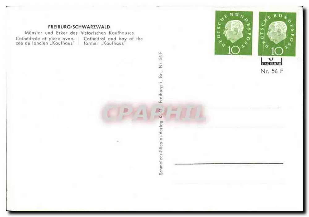 Freiburg/Schwarzwald — Kathedrale und Vorhof des « Kaufhaus » — Schmelzer-Nicolai-Verlag, Br. Nr. 56 F - Rückseite