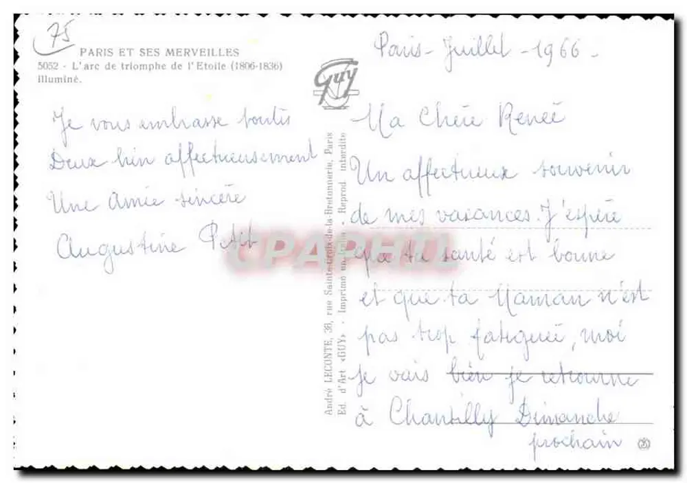 Paris — Arc de Triomphe illuminé — Éditeur André LECOMTE, n° 5052 - Verso