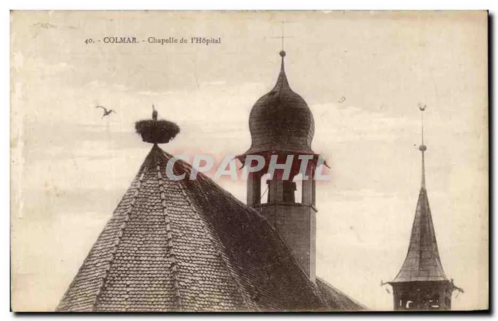 Colmar - Chapelle de l'Hôpital — vue des toits et clochers avec nid d'oiseau sur le toit gauche, éditeur impr. sur la carte - Vorderseite