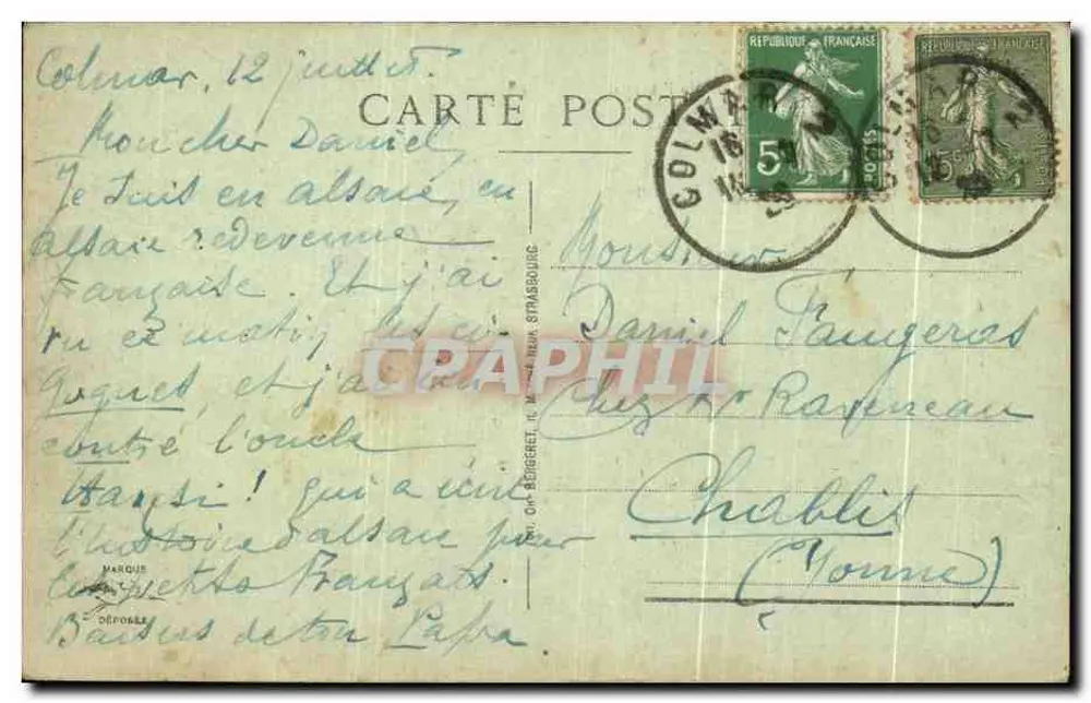 Colmar - Chapelle de l'Hôpital — vue des toits et clochers avec nid d'oiseau sur le toit gauche, éditeur impr. sur la carte - Rückseite