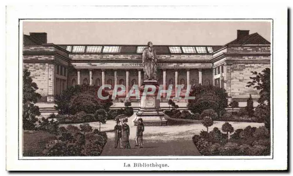 A Biblioteca — vista do edifício com estátua - Frente
