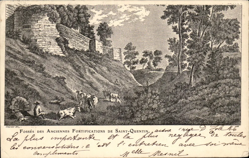 Fossés des anciennes fortifications de Saint-Quentin — vue gravée avec texte imprimé et écriture manuscrite — éditeur 'Imprimerie de L. Roblet' - Vorderseite