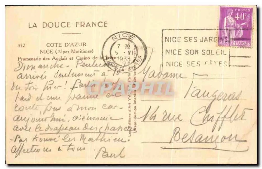 Promenade der Engländer — Casino de la Paix in Nizza — Verlag 'La Douce France' n°452 - Rückseite