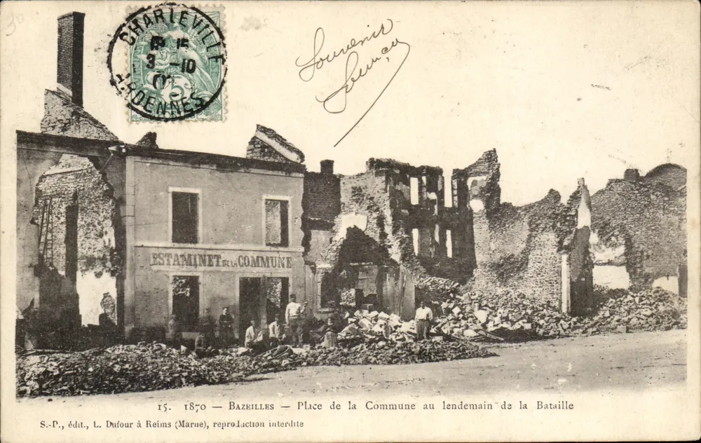 Bazeilles — Ansicht der Place de la Commune am Tag nach der Schlacht — S.P., Verlag, L. Dufour in Reims (Marne) - Vorderseite