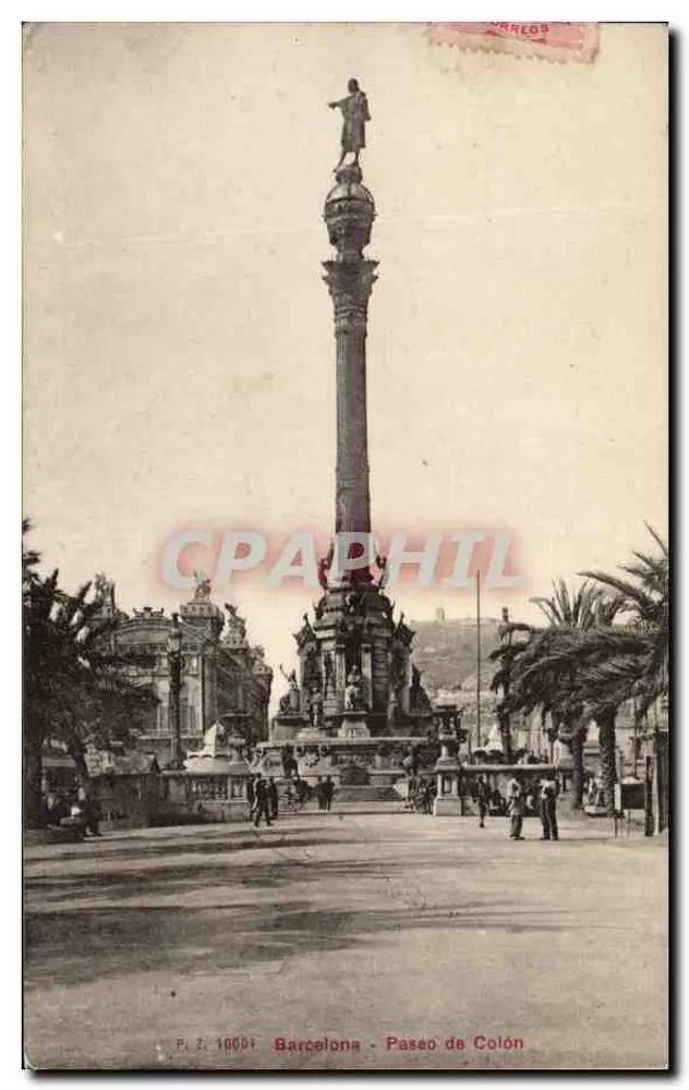 Barcelona - Paseo de Colón — monumento com estátua em coluna — editor P. Z. 16001 - Frente