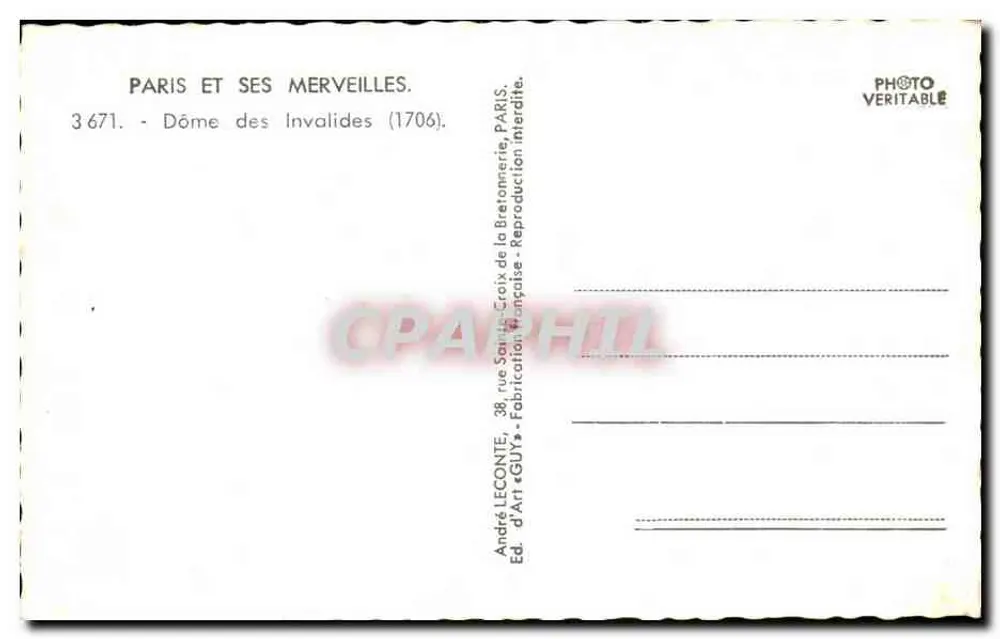 Dôme dos Invalidos — Paris — Éd. André LECONTE, n° 3671 - Verso