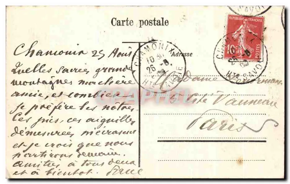 Chamonix - Avenida da Estação — vista panorâmica com montanhas e hotéis — editor desconhecido, n° 6581 - Verso