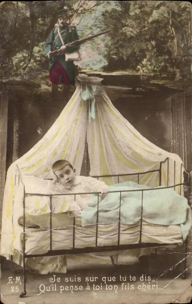 Enfant malade dans un lit à baldaquin — soldat en arrière-plan — Éditeur E.M. n°25 - Vorderseite