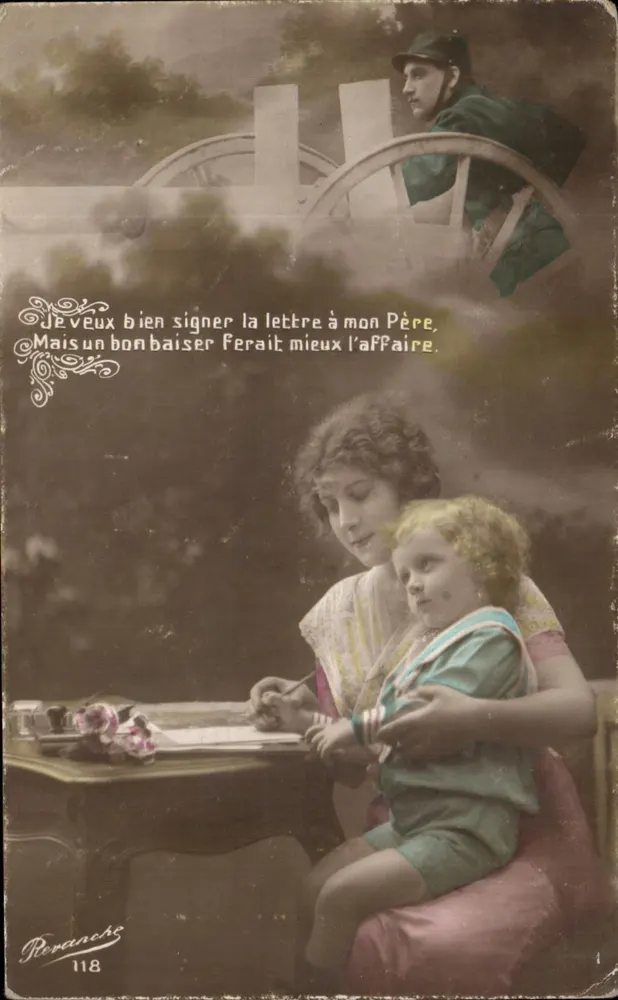 Frau und Kind schreiben — häusliche Szene — Verlag Perancho, Nr. 118 - Vorderseite