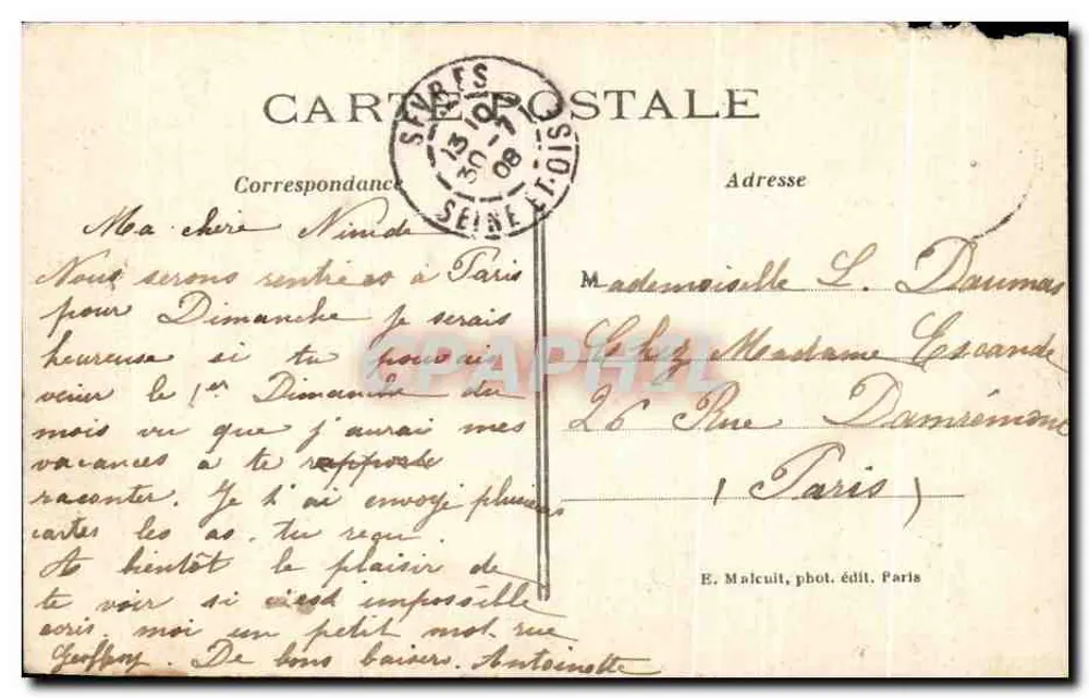 Souvenir Porte Bonheur von SÈVRES — Verlag E. M. Paris, Seriennummer nicht sichtbar - Rückseite