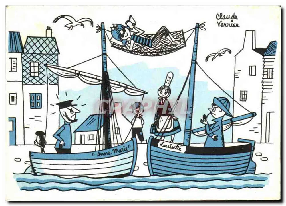 Scène de vacances en bateau — dessin de Claude Verrier — éditeur AMES VAILLANTES - Vorderseite