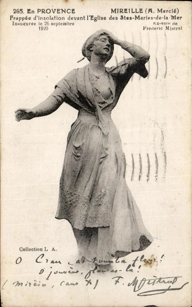 Statue der Mireille (A. Mercié) — Sonnenbrand vor der Kirche der Saintes-Maries-de-la-Mer — F. Mistral, Nr. 265 - Vorderseite