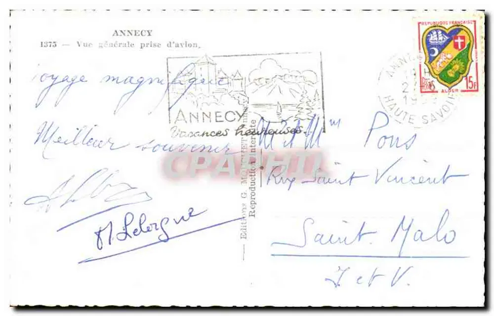 Annecy — Vista geral tirada de avião — Edição G. Meunier, n° 1375 - Verso