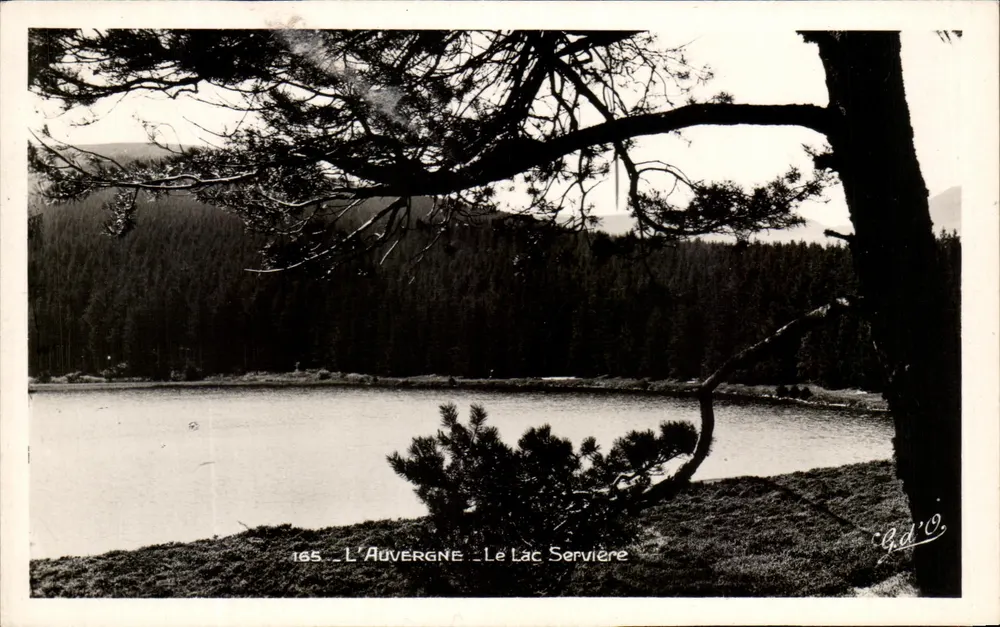 Auvergne — Jezioro Servière — widok jeziora z lasem w tle — wydawca G. d'O., nr 165 - Awers