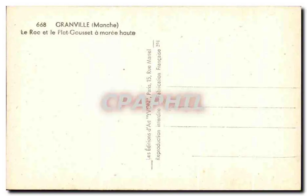 Granville (Manche) — Le Roc und der Plot-Gousset bei Ebbe — Éditions d'Art 'YVON', Paris - Rückseite