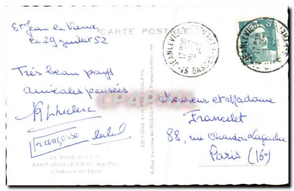 Saint-Jean-le-Vieux — Innenansicht der Kirche — Éditions V. N. Ex-Rouleau - Rückseite