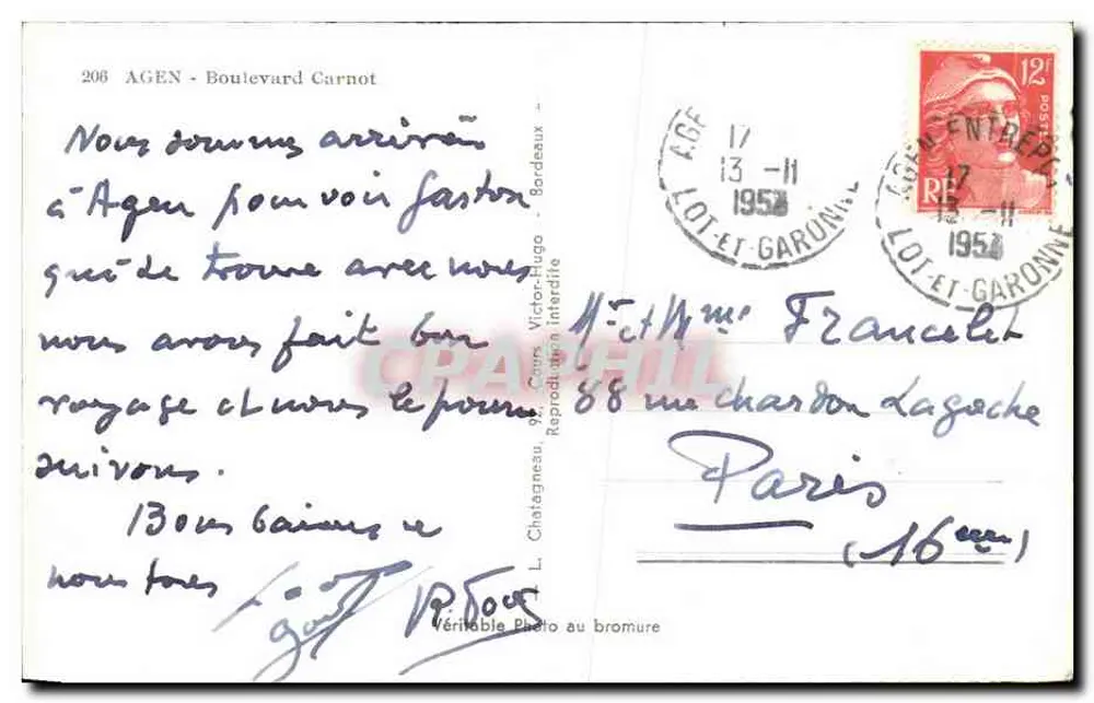 Agen - Boulevard Carnot — vista de rua com edifícios e pedestres — Editor Elcé, n° 206 - Verso