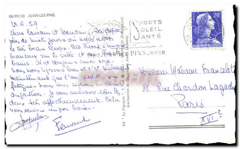 Juan-les-Pins — vista panorâmica e cenas de praia — Ed. 'La Cigogne' n° 6.997.30 - Verso
