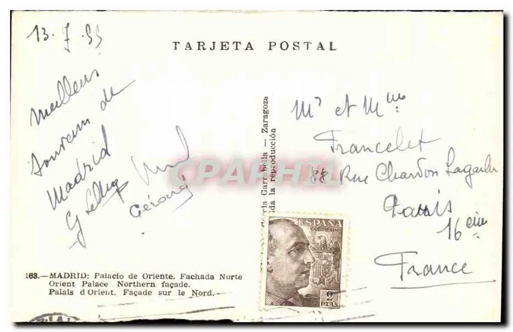 Madrid — Palacio de Oriente. Façade Nord — Tarjeta Postal García Bella - Rückseite
